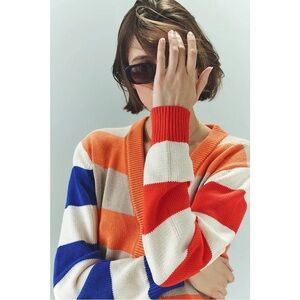 KULE Bold Striped Cardigan in Blue, Orange, and Cream